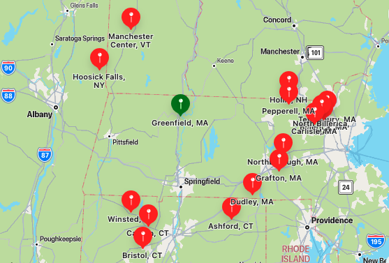 Map of New England, showing cities that are a 90 Minute drive from Greenfield, Massachusetts
